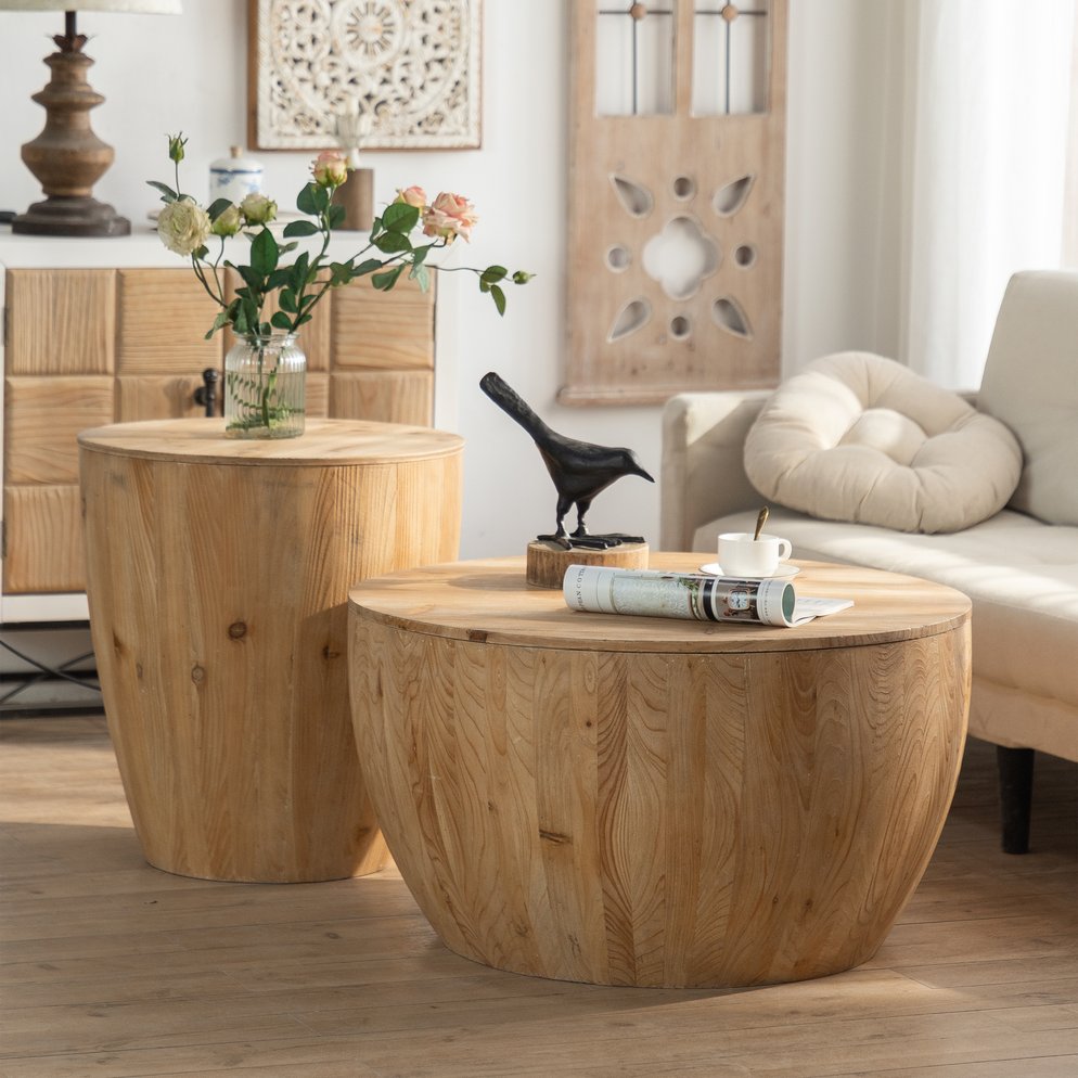 English Elm Vintage Bucket Shaped Coffee Table Set with Storage, Natural Fir Wood Retro Barrel Design, No Assembly Required W757S00013