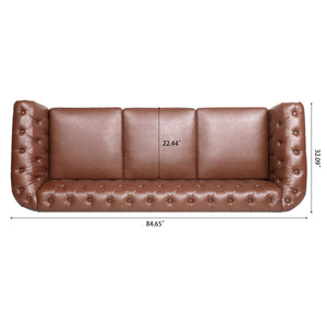 English Elm 84.65" Chesterfield Three Seater Sofa Pu Leather Tufted Rolled Arm Living Room Brown W68035343