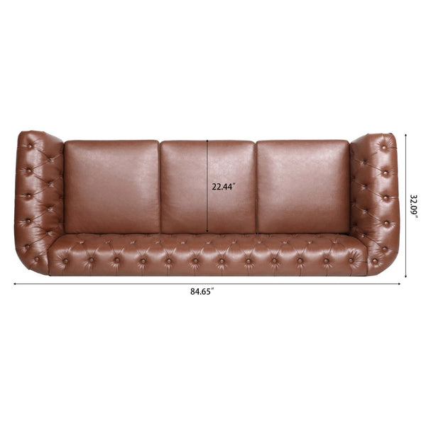 English Elm 84.65" Chesterfield Three Seater Sofa Pu Leather Tufted Rolled Arm Living Room Brown W68035343