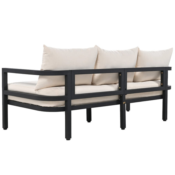 English Elm U_style 5 Seat Outdoor Sofa Set Powder Coated Steel Acacia Wood Table Garden Patio Beige WY000333AAA