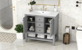 English Elm 36" Bathroom Vanity With Ceramic Basin, Two Cabinets and Drawers, Open Shelf, Solid Wood Frame, Grey (Old Sku: Sy999101Aae)