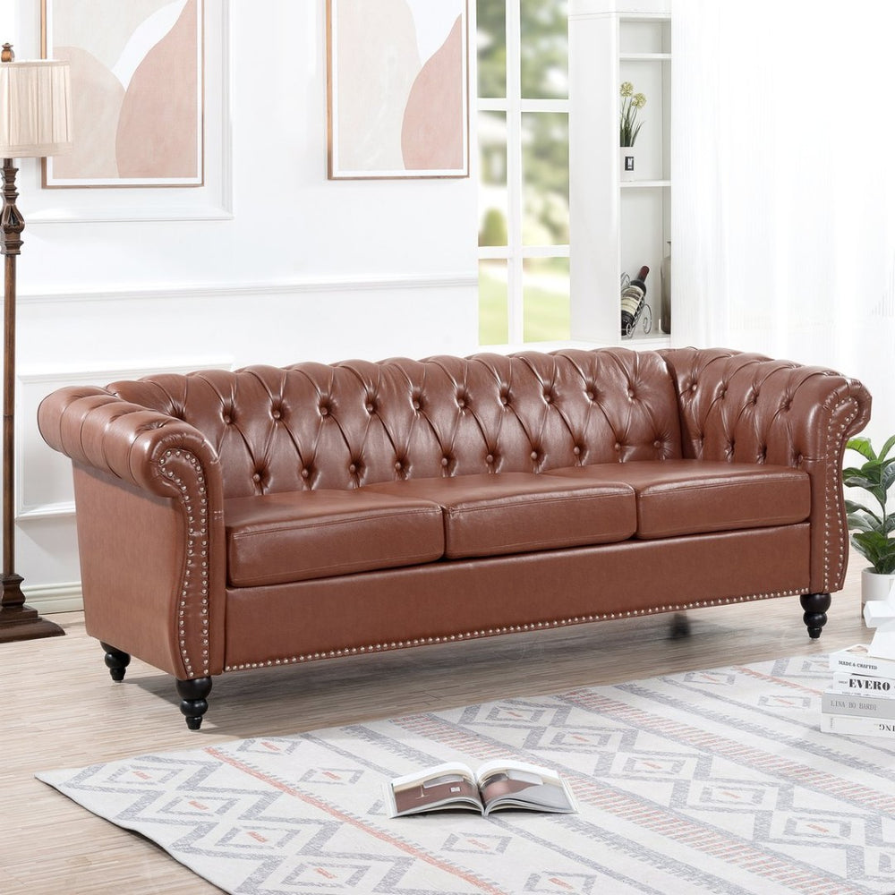 English Elm 84.65" Chesterfield Three Seater Sofa Pu Leather Tufted Rolled Arm Living Room Brown W68035343