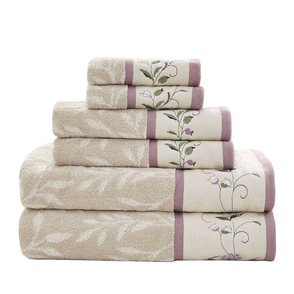 English Elm Embroidered Cotton Jacquard 6 Piece Towel Set — OEKO-TEX Certified, 550gsm Soft Absorbent Terry with Leaf Jacquard Embroidery Purple 14.96 L x 10.24 W x 5.91 H B03598777