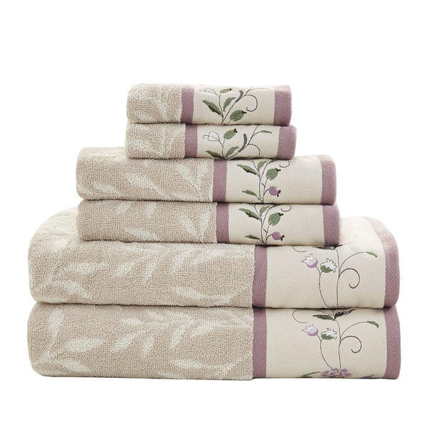English Elm Embroidered Cotton Jacquard 6 Piece Towel Set — OEKO-TEX Certified, 550gsm Soft Absorbent Terry with Leaf Jacquard Embroidery Purple 14.96 L x 10.24 W x 5.91 H B03598777