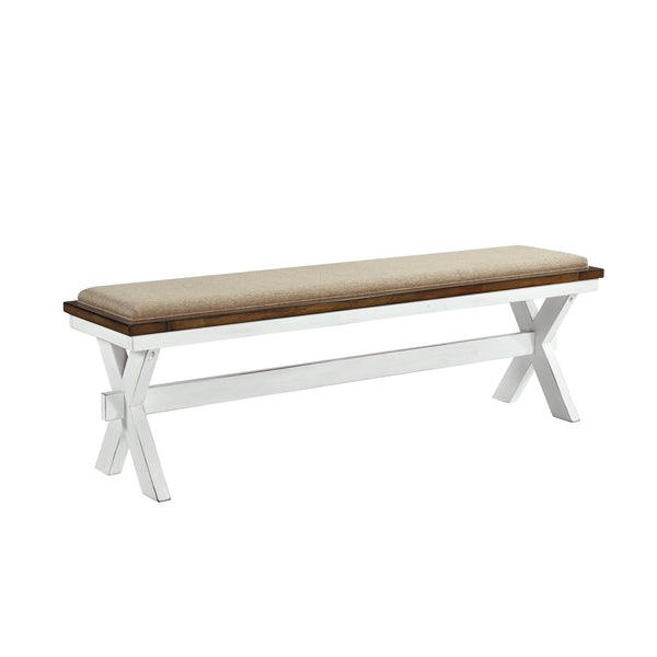 English Elm Modern Brunson Collection farmhouse bench with oak finish and neutral fabric seat for casual dining comfort White 63 L x 17.75 W x 6.75 H B011102649