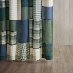 English Elm Pieced Woolrich Mill Creek Cotton Shower Curtain 72x72 — Plaid Patchwork Green Navy Taupe Cabin Style B035100720