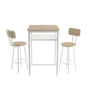 English Elm Bar Table Set with Two Foldable Stools Wood Grain Top Matte Black Iron Frame W57868879