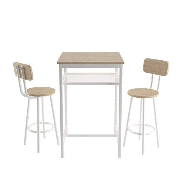 English Elm Bar Table Set with Two Foldable Stools Wood Grain Top Matte Black Iron Frame W57868879