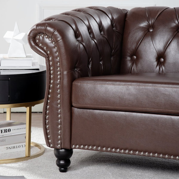 English Elm 1 Seater Pu Leather Tufted Accent Sofa with Birch Legs for Any Living Space Dark Brown W680P405340