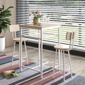 English Elm Bar Table Set with Two Foldable Stools Wood Grain Top Matte Black Iron Frame W57868879