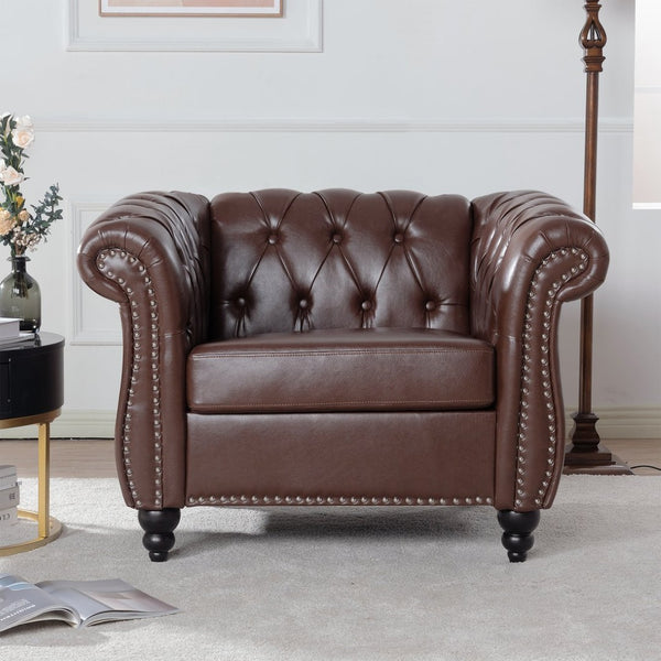 English Elm 1 Seater Pu Leather Tufted Accent Sofa with Birch Legs for Any Living Space Dark Brown W680P405340