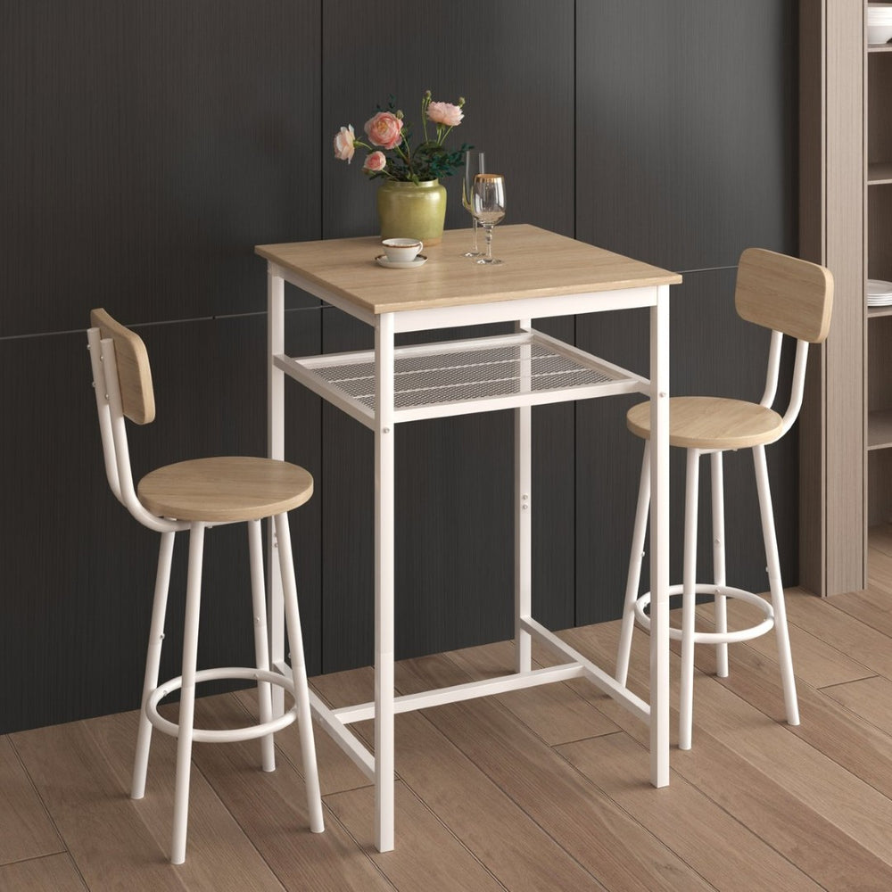 English Elm Bar Table Set with Two Foldable Stools Wood Grain Top Matte Black Iron Frame W57868879