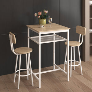 English Elm Bar Table Set with Two Foldable Stools Wood Grain Top Matte Black Iron Frame W57868879