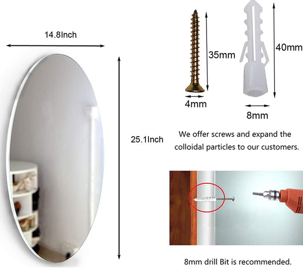 English Elm Frameless Oval Beveled Wall Mirror 25" HD Makeup Mirror White MDF Glass Minimalist Design W760P356153