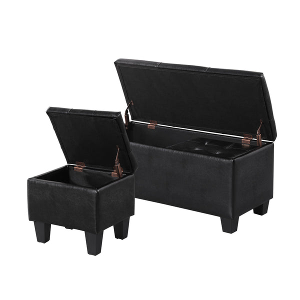 English Elm Large Storage Ottoman Bench Set with 3-Piece Tufted Linen Ottomans, Hidden Storage, 250lb Capacity Black W142083040