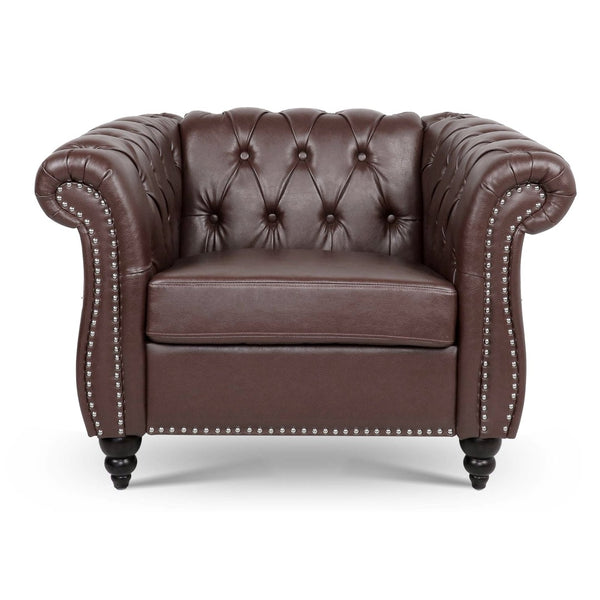 English Elm 1 Seater Pu Leather Tufted Accent Sofa with Birch Legs for Any Living Space Dark Brown W680P405340