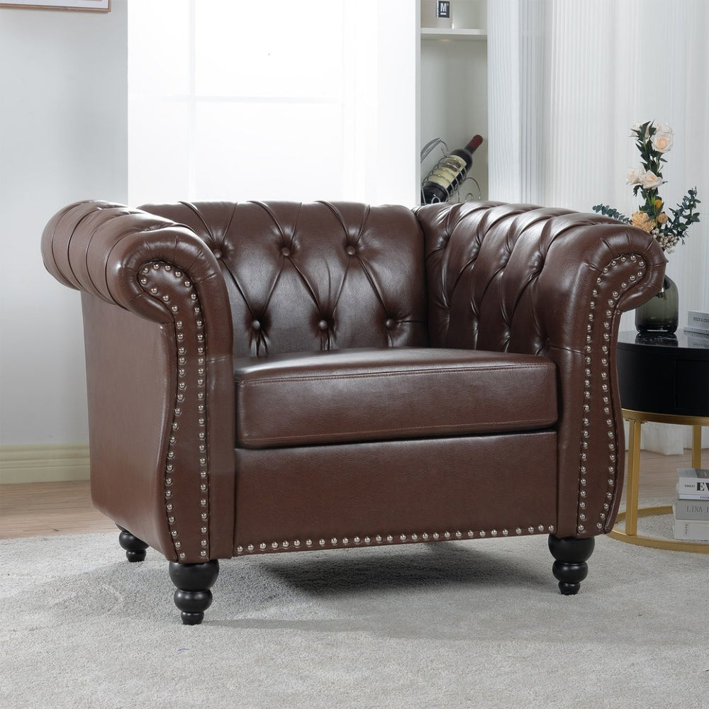 English Elm 1 Seater Chesterfield Pu Leather Accent Chair Tufted for Reading or Home Office W68047176