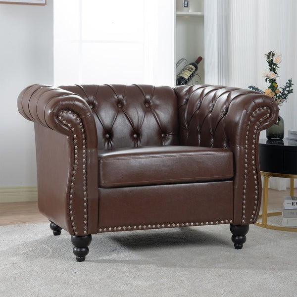 English Elm 1 Seater Chesterfield Pu Leather Accent Chair Tufted for Reading or Home Office W68047176