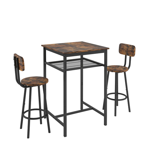 English Elm Bar bar table set with 2 rustic brown stools and backrests, sturdy iron & particleboard, 300/350lbs capacity W57868881