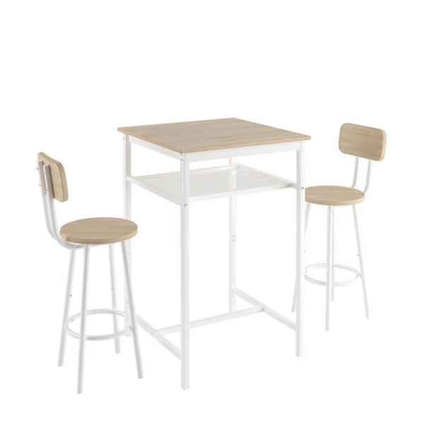English Elm Bar Table Set with Two Foldable Stools Wood Grain Top Matte Black Iron Frame W57868879