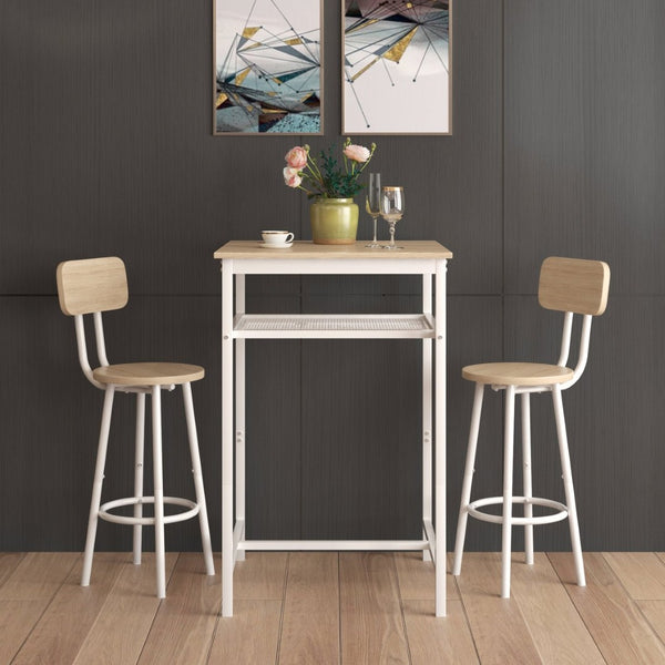 English Elm Bar Table Set with Two Foldable Stools Wood Grain Top Matte Black Iron Frame W57868879