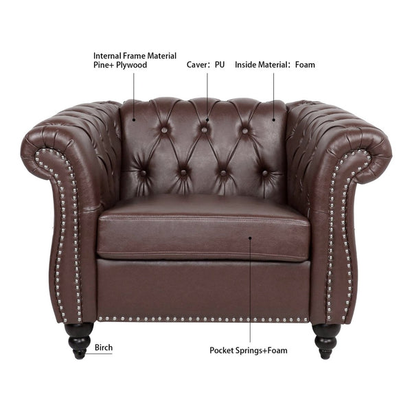 English Elm 1 Seater Chesterfield Pu Leather Accent Chair Tufted for Reading or Home Office W68047176