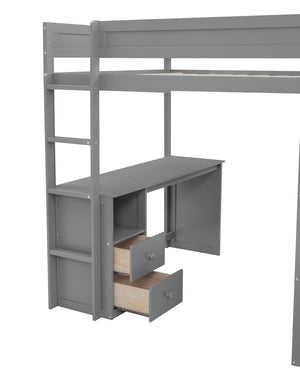 English Elm Wood Full Size Loft Bed with Integrated Wardrobe, 2-Drawer Desk & Cabinet for Space-Saving Rooms 78.4"L x 65"H Gray GX000333AAE