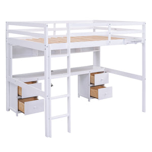 English Elm Full Size Loft Bed With Integrated Desk, Storage Cabinets, Charging Station, Modern White Design GX000334AAK