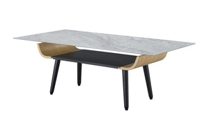 English Elm Landon Mid-century Coffee Table Marble Texture Glass Top Bent Wood Living Room Gray B061103281