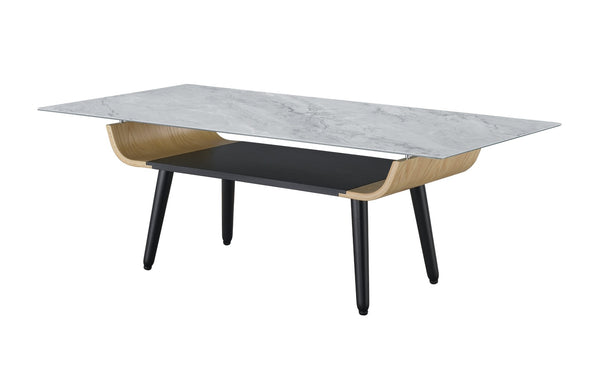 English Elm Landon Mid-century Coffee Table Marble Texture Glass Top Bent Wood Living Room Gray B061103281