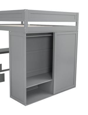 English Elm Wood Full Size Loft Bed with Integrated Wardrobe, 2-Drawer Desk & Cabinet for Space-Saving Rooms 78.4"L x 65"H Gray GX000333AAE