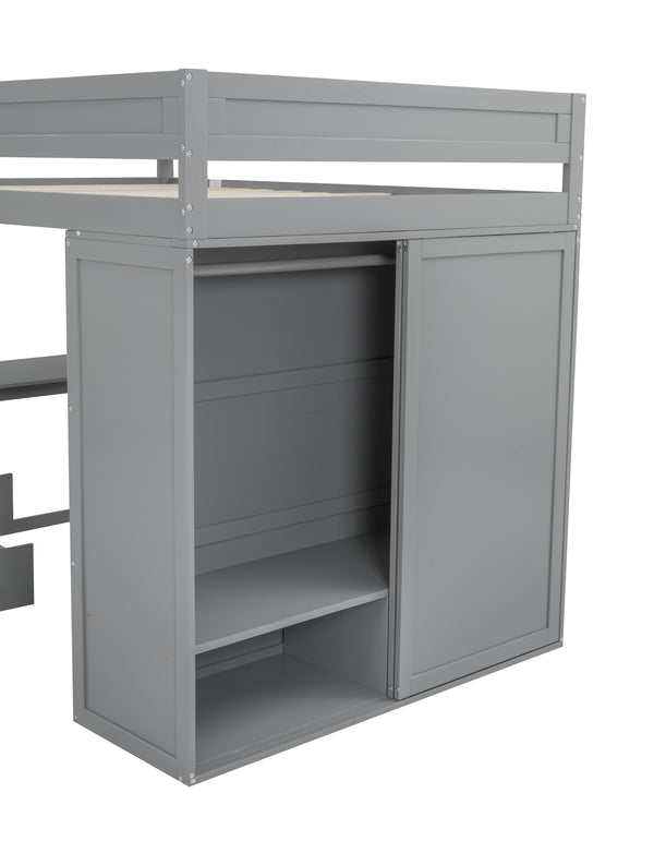English Elm Wood Full Size Loft Bed with Integrated Wardrobe, 2-Drawer Desk & Cabinet for Space-Saving Rooms 78.4"L x 65"H Gray GX000333AAE