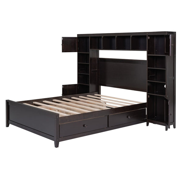 English Elm Full Platform Bed with Headboard Shelving Cabinets and Under Drawer Storage Unit Espresso LP000342AAP-1