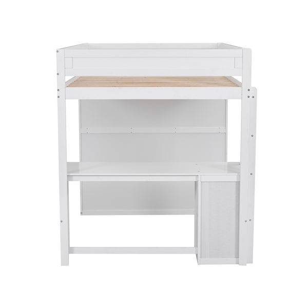 English Elm Wood Full Size Loft Bed with Integrated Wardrobe, 2-Drawer Desk & Cabinet for Space-Saving Rooms 78.4"L x 65"H White GX000333AAK