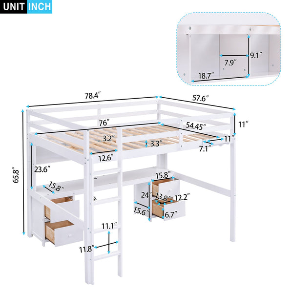 English Elm Full Size Loft Bed With Integrated Desk, Storage Cabinets, Charging Station, Modern White Design GX000334AAK