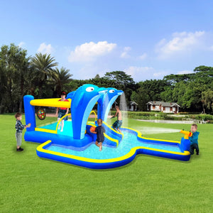 English Elm 8 in 1 Inflatable Outdoor Water Park Bounce House with Slide Sprinkler Hoop W167790002