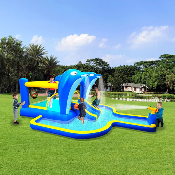 English Elm 8 in 1 Inflatable Outdoor Water Park Bounce House with Slide Sprinkler Hoop W167790002