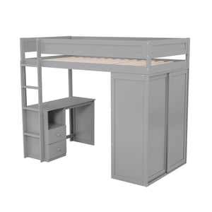 English Elm Wood Twin Loft Bed with Wardrobes & 2-Drawer Desk Cabinet Gray — Space-Saving Storage, Study Nook GX000332AAE