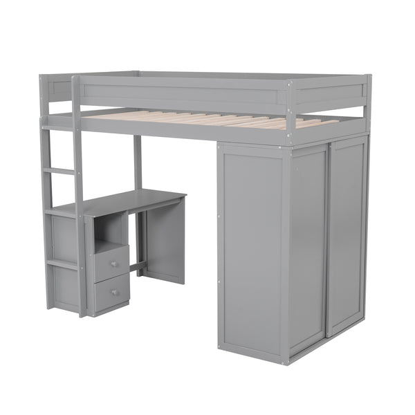 English Elm Wood Twin Loft Bed with Wardrobes & 2-Drawer Desk Cabinet Gray — Space-Saving Storage, Study Nook GX000332AAE