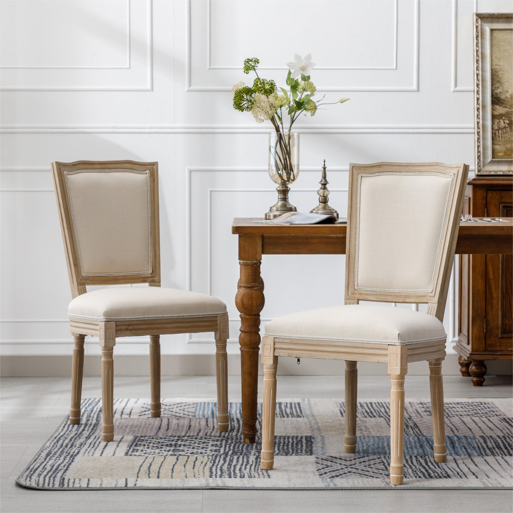 English Elm French Solid Wood Frame Linen Dining Chairs, Set Of 2 – Elegant Cream Upholstery For Any Space W162290981