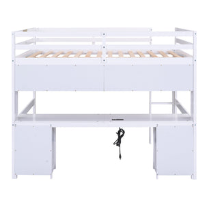 English Elm Full Size Loft Bed With Integrated Desk, Storage Cabinets, Charging Station, Modern White Design GX000334AAK
