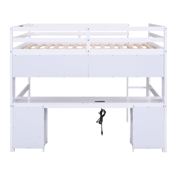 English Elm Full Size Loft Bed With Integrated Desk, Storage Cabinets, Charging Station, Modern White Design GX000334AAK