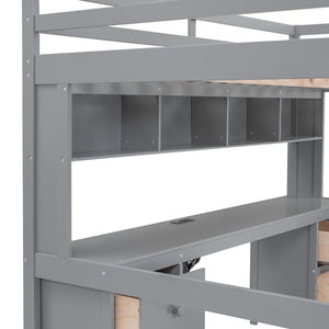 English Elm Full Size Loft Bed With Integrated Desk, Ample Storage, Charging Station & Stylish Gray Finish GX000334AAE