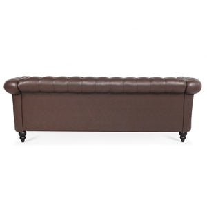 English Elm 84.65" Chesterfield Three Seater Sofa Pu Leather Tufted Rolled Arm Living Room Dark Brown W68035342