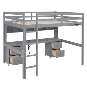 English Elm Full Size Loft Bed With Integrated Desk, Ample Storage, Charging Station & Stylish Gray Finish GX000334AAE