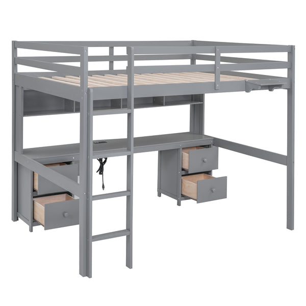 English Elm Full Size Loft Bed With Integrated Desk, Ample Storage, Charging Station & Stylish Gray Finish GX000334AAE
