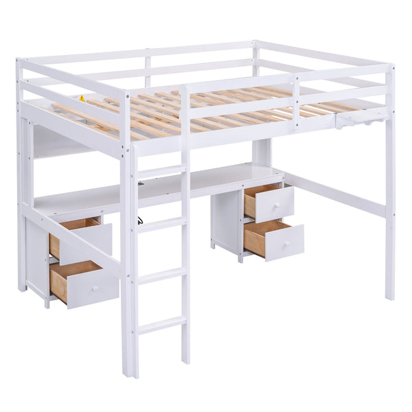 English Elm Full Size Loft Bed With Integrated Desk, Storage Cabinets, Charging Station, Modern White Design GX000334AAK
