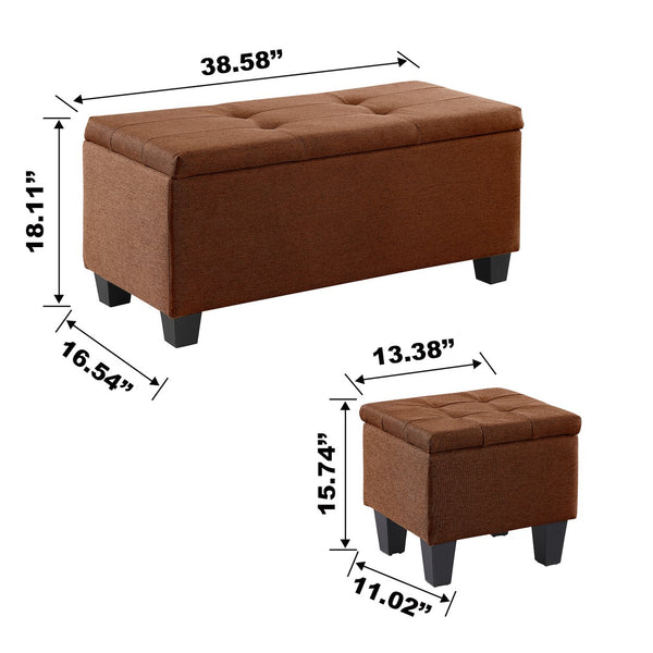 English Elm Large Storage Ottoman Bench Set with 3-Piece Tufted Linen Ottomans, Hidden Storage, 250lb Capacity Brown W142083041