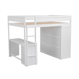 English Elm Wood Full Size Loft Bed with Integrated Wardrobe, 2-Drawer Desk & Cabinet for Space-Saving Rooms 78.4"L x 65"H White GX000333AAK