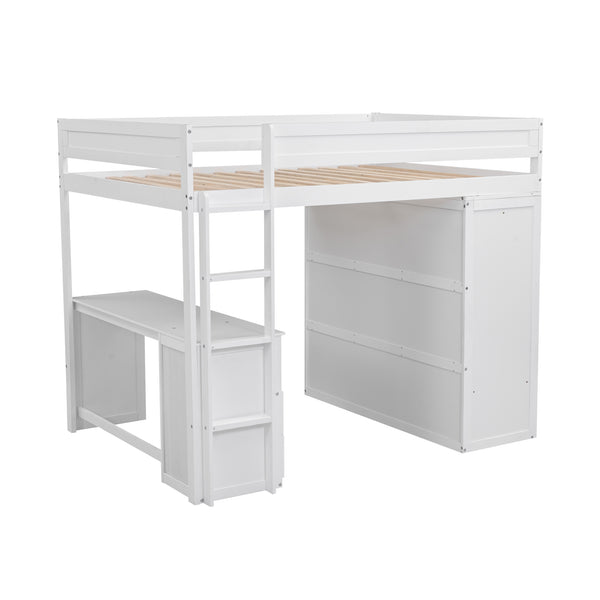 English Elm Wood Full Size Loft Bed with Integrated Wardrobe, 2-Drawer Desk & Cabinet for Space-Saving Rooms 78.4"L x 65"H White GX000333AAK